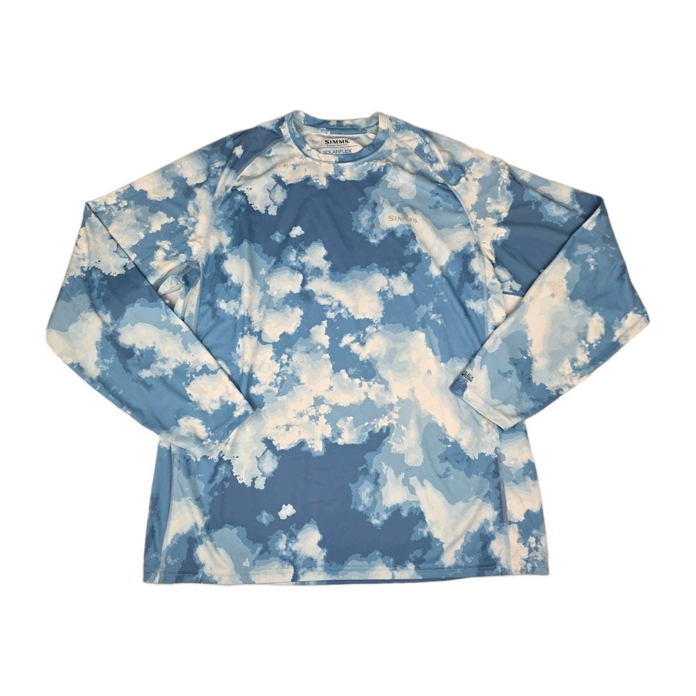 Simms Shirt Mens XL Blue Camo SolarFlex Shirt UPF 50 Fishing Long Sleeve